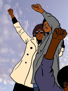 Illustration of two black people standing together with fists raised in the “black power” sign; a raised fist can be seen larger in the foreground.