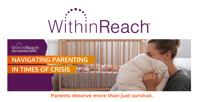 within reach learning series with a baby in a crib in the background and a mom screaming into a pillow on the floor