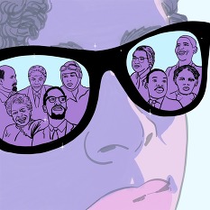  Close up illustration of a person in sunglasses; imagery of iconic black history icons reflects in the lenses.