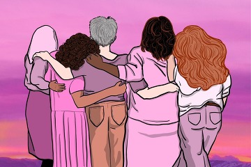 Illustration of the back of 5 women of difference ethnicities, all in a group hug and dressed in shades of pink, looking at a vivid pink sunrise.