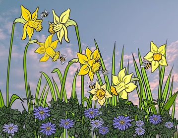 Illustration of bees, daffodils and purple flowers, against a blue sky.