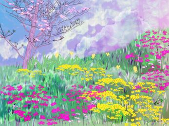  Illustration of a calming forest in the sunrise and morning fog. 