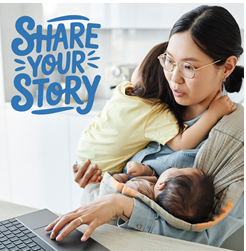 photo of a mom holding two children while typing on a laptop