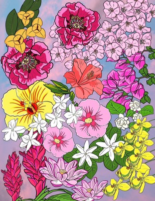 Art of National flowers: Cambodia, China, India, Vietnam, Malaysia, Hawaii, South Korea, Japan, Thailand, Philippines, Pakistan, Samoa, Guam, Tahiti. 
