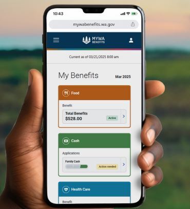 photo of a hand holding a phone with My WA benefits app open