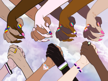 Multi-ethnic hands clasped together in solidarity, wearing jewelry and with nails painted representing the different LGBTQIA flags.