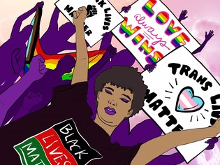 Illustration of a group of community protestors, passionately marching for equality, holding signs in support of gay, trans and black lives.