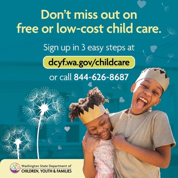 brother and sister smiling hugging each other with crowns on their heads. Text on photo says: don't miss out on free or low-cost child care.