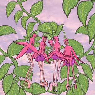 Illustration of 4 pink, fuchsia flowers personified to look like ladies in petal dresses and blossom bloomers, all crowded around a new, blooming bud.