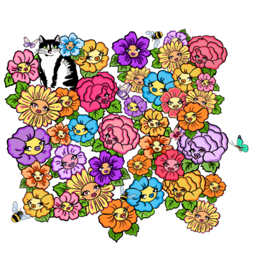 Illustration of a group of various colorful flowers with sassy faces, bees, butterflies and a black and white cat sits in the top corner of the garden