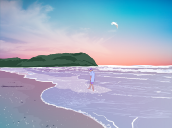 Illustration of a person walking away along the beach shoreline, next to calm water, lined by cliffs in the distance, bathed in an orange sunset.