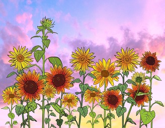 Illustration of a row of red, orange and yellow sunflowers, standing tall, in front of an early autumn blue and purple sunset.