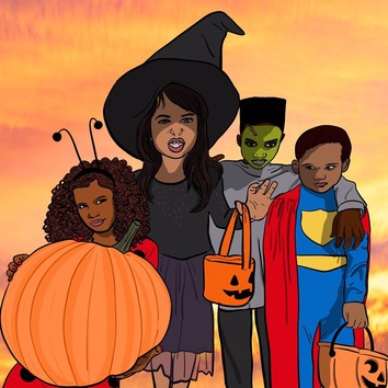 Illustration of a group of kids in costumes, holding pumpkins and pumpkin-shaped Halloween buckets to fill with candy.