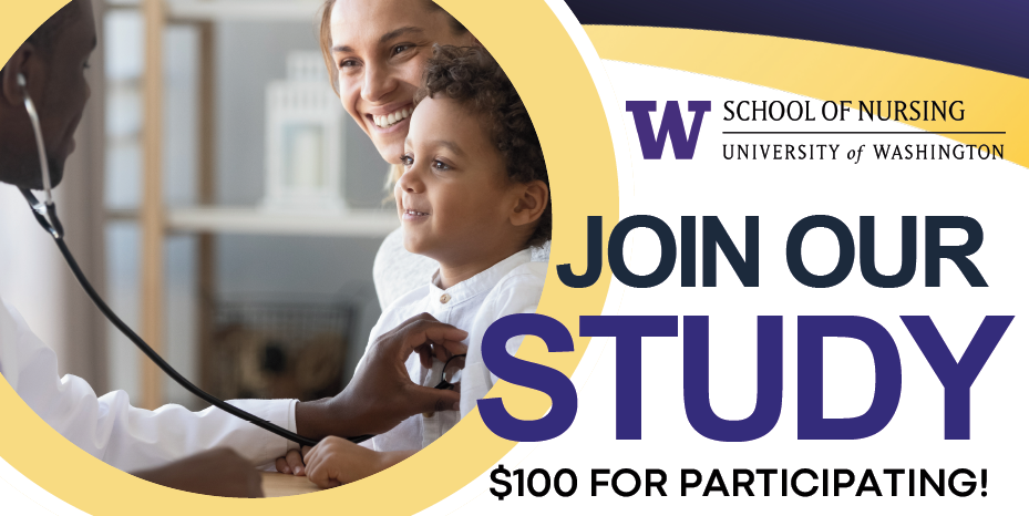 A young child sits on a caregiver’s lap in a medical exam room, smiling. The healthcare provider is holding a stethoscope to the child’s chest