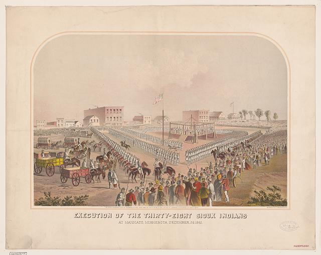 Sketch of public execution of 38 Dakota Indians by federal authorities in Mankato, Minn., on Dec. 26, 1862. 4000 people surround the event to witness.