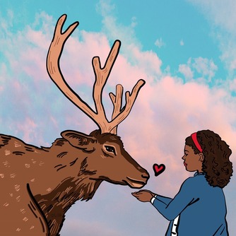 Illustration of a little girl holding cupped hands out to a friendly reindeer and a small, red heart floats between them.
