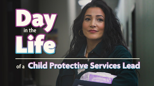 photo of a CPS worker smiling with text overlayed that says Day in the Life, CPS lead