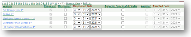 A screenshot of the responsive bidders where the posting party can select ASB(s) and use WEBS to notify them.