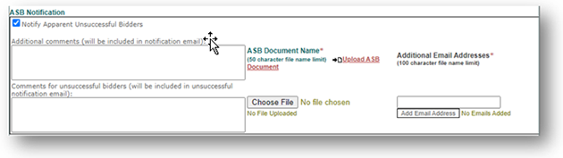 A screenshot of the ASB notification screen where the message to the bidders is created.