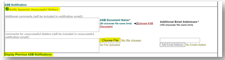 Screenshot of ASB Notification area where a message can be created to send to successful and unsuccessful bidders
