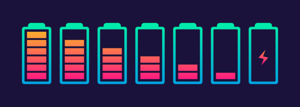 Several battery energy level icons, starting at full and progressing to empty.