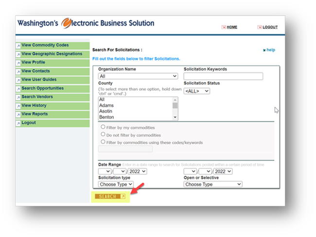 Screenshot of the "search" button on the "search solicitations" screen