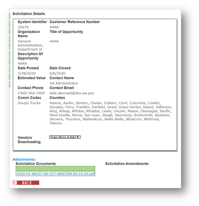 Screenshot of solicitation details results screen