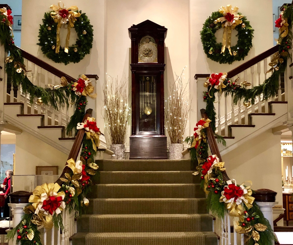 Mansion entry way decorated for the Holidays in 2019