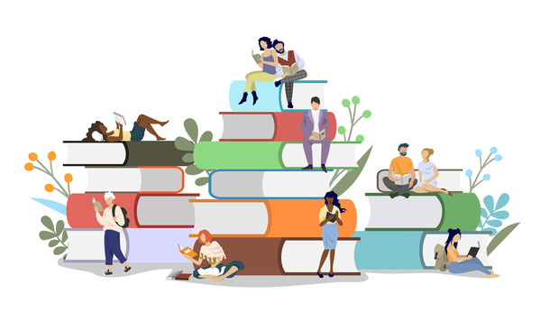 Illustration of several people reading books in pairs and independently.