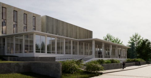 Angled drawing of front of Pritchard building with proposed rehabilitation design