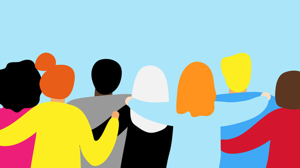 Illustration: silhouette of people from behind, arms around each other.