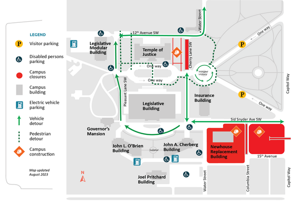 Map of campus showing road closure, pedestrian and vehicle detours