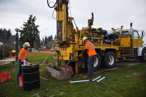 Crews running drilling rig near Capitol Lake