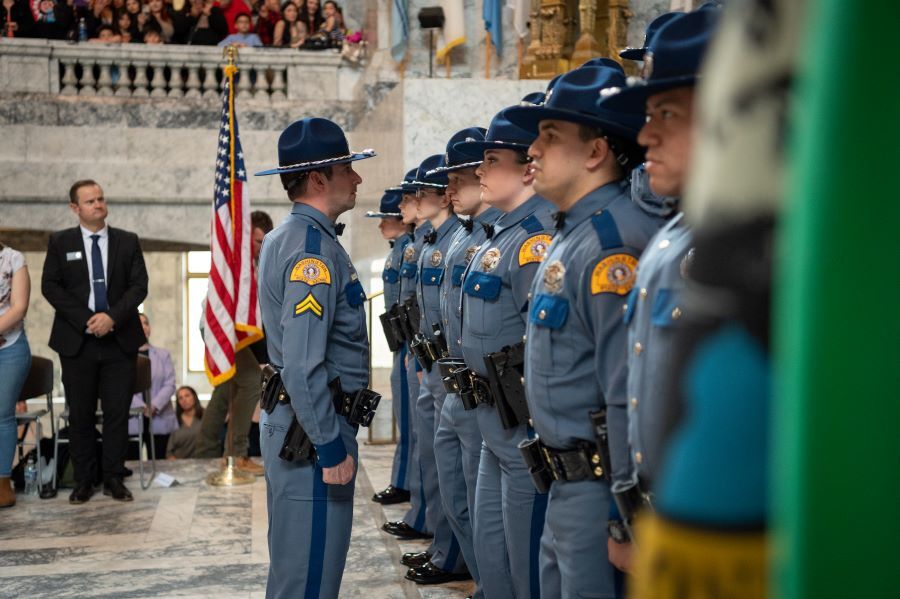 A photo showing state troopers standing at attention during the March 2024 swearing-in ceremony, held in the Capitol rotunda. 