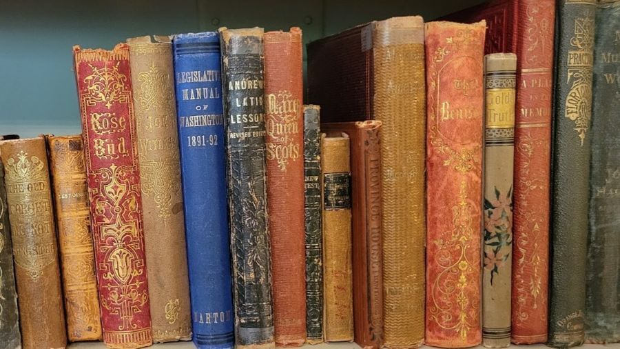 A photo of antique books on a shelf in the library of the Governor's Mansion.