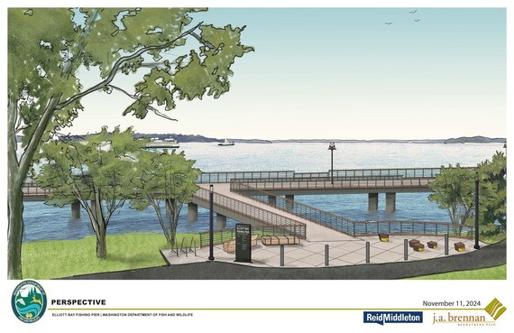  Illustration graphic showing draft design of new Elliott Bay Fishing Pier on the Seattle Waterfront and Puget Sound. 
