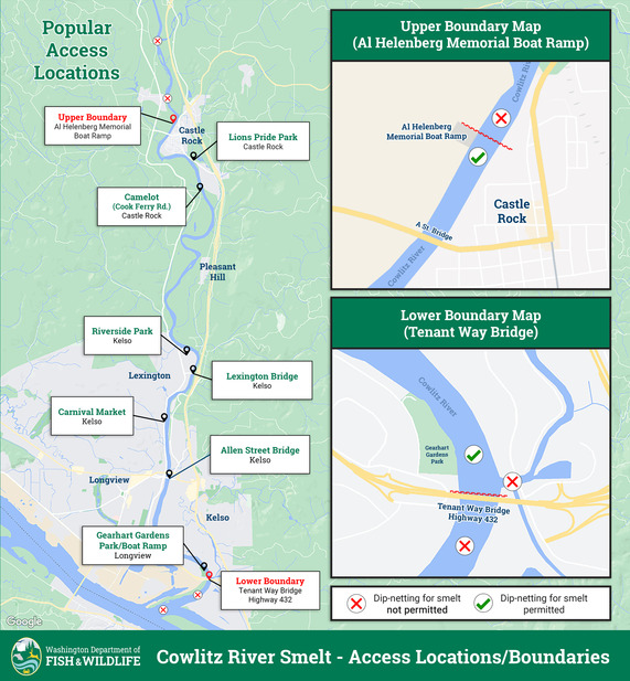 Cowlitz River smelt fishing boundary map.