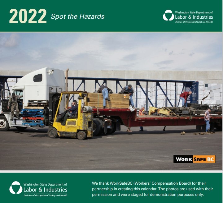 Several workers on a flatbed truck & a forklift driver pose for staged hazards on the 2022 Spot the Hazards Calendar cover
