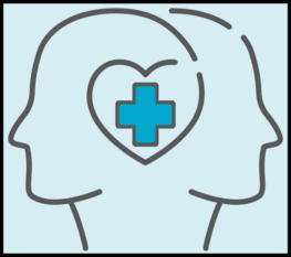 Two heads blended together with a blue cross within a heart shape at the center