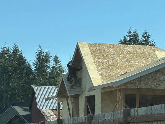 Worker standing on a slanted awning of the roof.