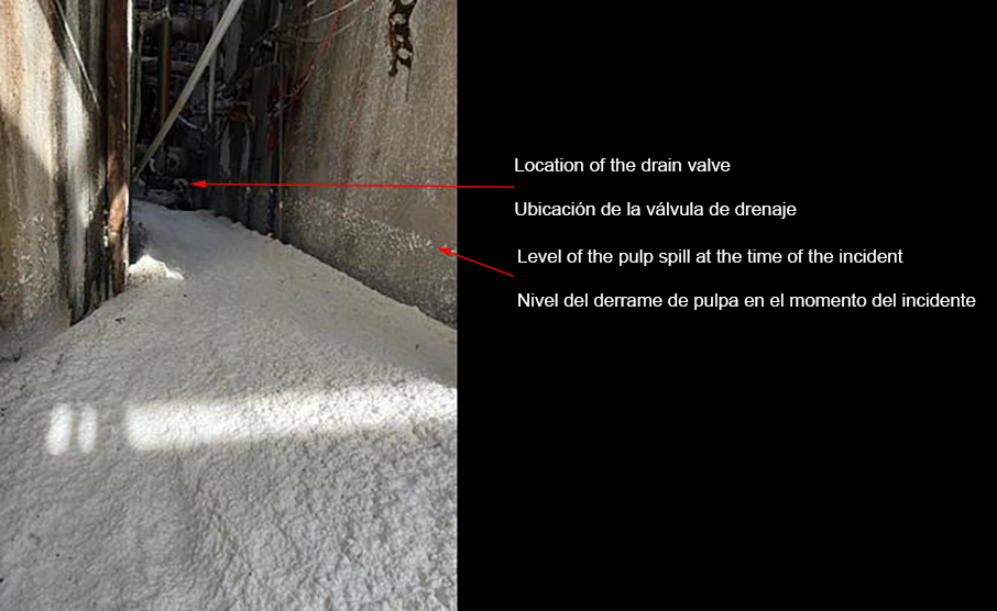 River of a paper pulp and water mixture on the ground between a cement wall and a metal tank