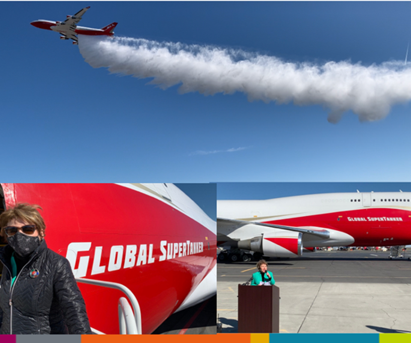 Collage of supertanker plan in Moses Lake with Director Brown and Lands Commissioner Hilary Franz in attendance