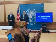 Photo of Gov Jay Inslee at his 2022 budget release press conference