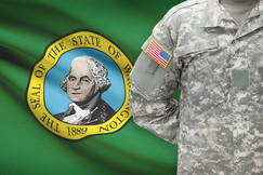 Washington state flag with the torso of an United States military member