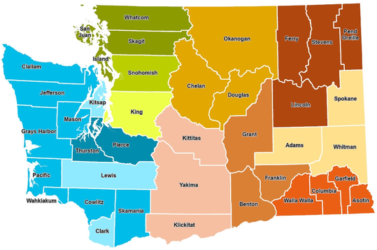 Map of Washington designating territories for growth management services regional planners