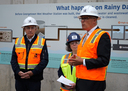 Gov. Jay Inslee and King County Executive Dow Constantine speak during a tour of the Georgetown Wet Weather Treatment Station. 