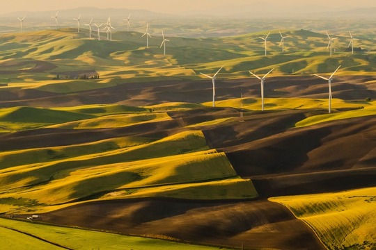 Environmental photograph of rolling hills with wind turbines