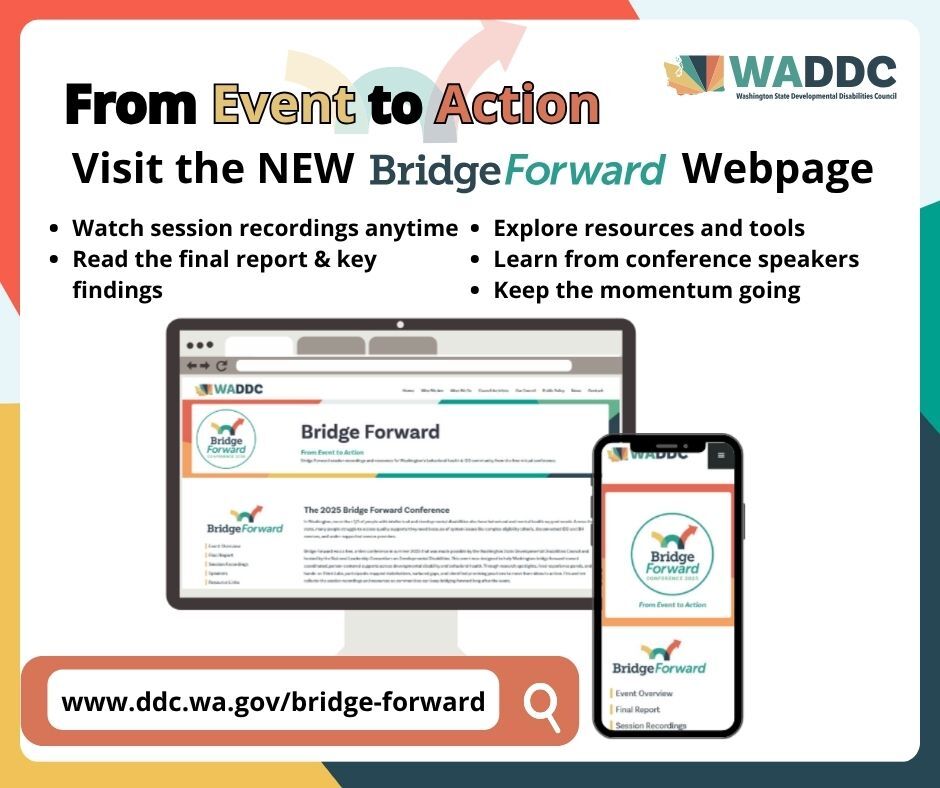 Graphic promoting WADDC’s new Bridge Forward webpage with computer and phone mockups