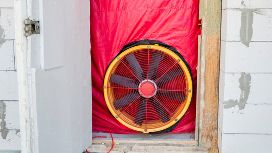 Blower door test: Testing the house for airtightness, on the front door installed a powerful fan. 