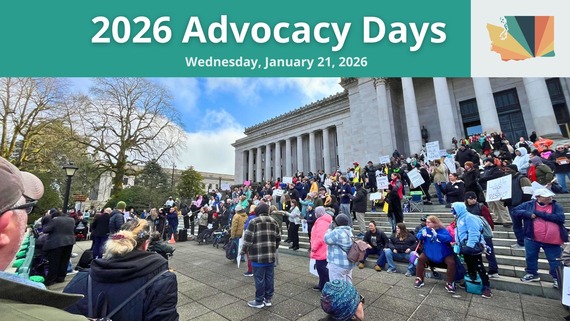 People gathered at the Capitol Building in Olympia